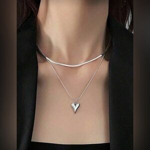New 2pcs Stainless Steel Simple Snake Chain Love Double Layered Pendant Necklace